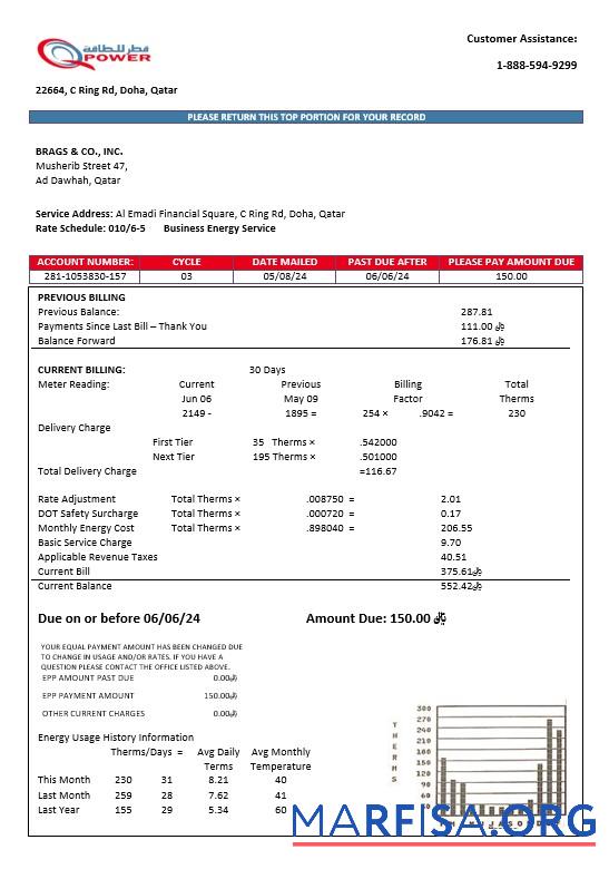 Printable Qatar Power Company electricity business utility bill template in Word and PDF formats